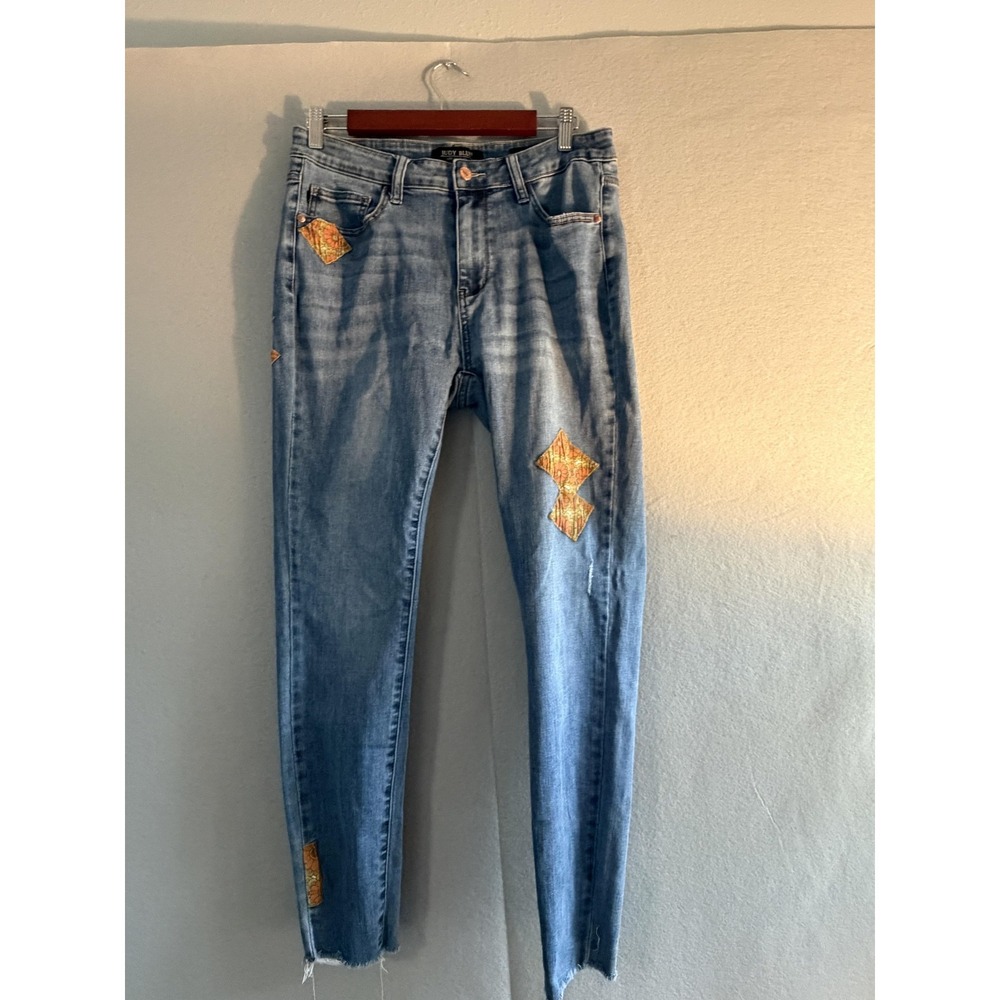 Judy Blue Jeans Juniors 13 Blue Light Wash Skinny Floral Patchwork Frayed‎ Denim